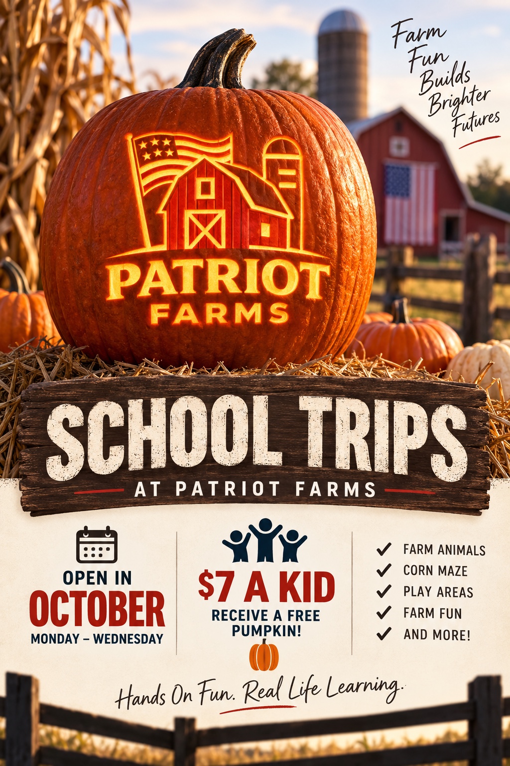 Patriot Farms school trips flyer: open Monday through Wednesday in October, seven dollars per child, with a free pumpkin